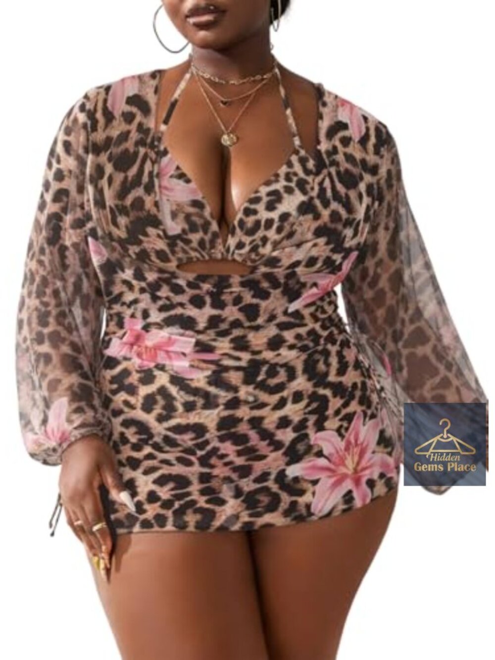 Plus Size 3-Piece Bikini Set with Long Sleeve Cover-Up Halter Triangle Top